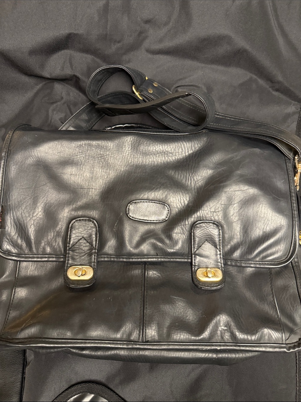 Men's Black Leather like Messenger Bag with Gold-Tone Hardware